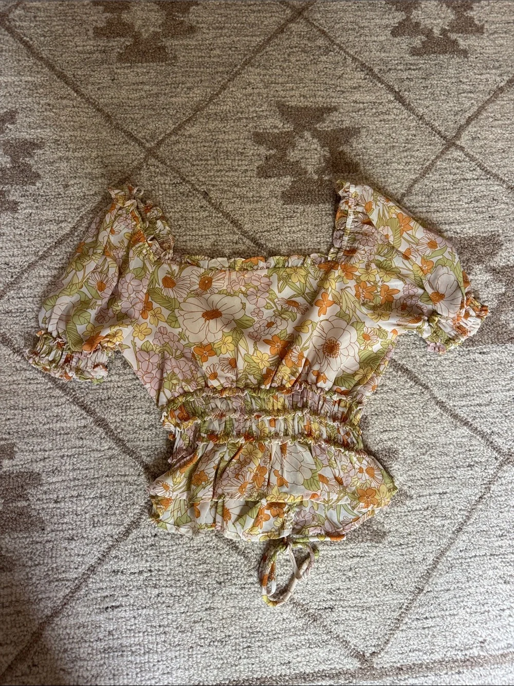 Astr Floral Puff-Sleeve Smocked Crop Top in Cream, Orange & Green